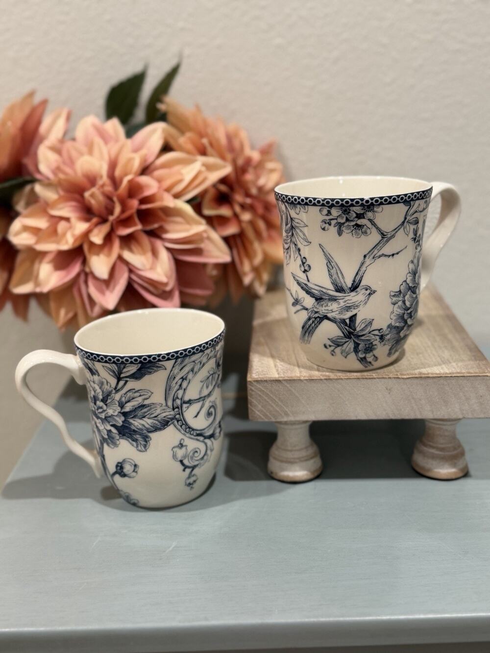 222 Fifth Adelaide Blue Porcelain Coffee Mugs Floral & Birds Toile Set of 2 New